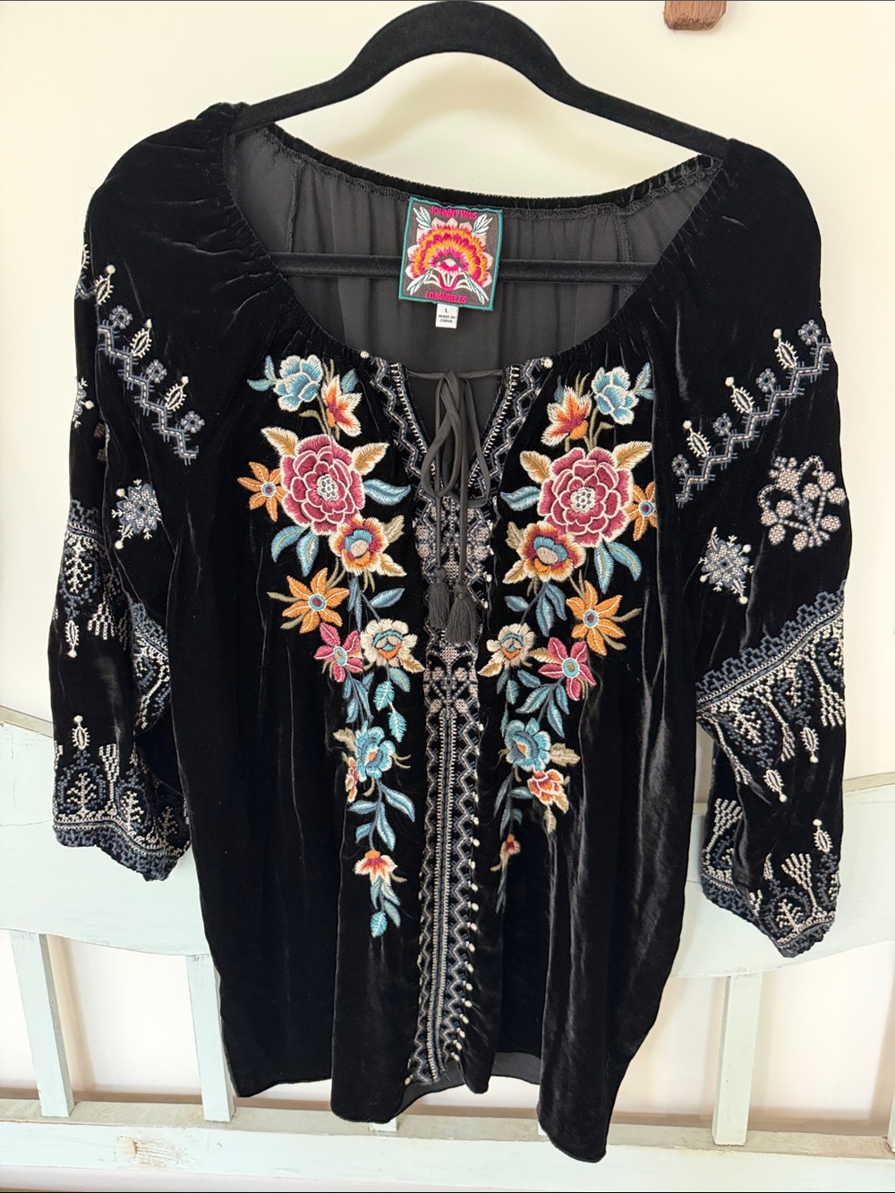 Johnny Was Black Velvet Embroidered Lace-Up Tunic